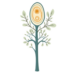 Stylized Tree Illustration with Green Leaves and Geometric Center Decoration on White Background