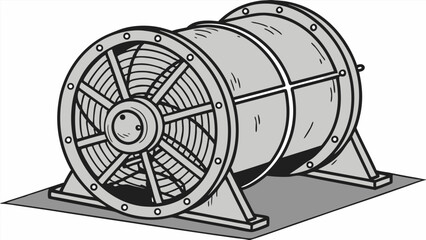 Illustration of an industrial fan with a cylindrical housing and a protective grill on a gray surface