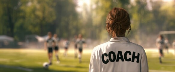 The coach observing young athletes during soccer practice on a sunny field.