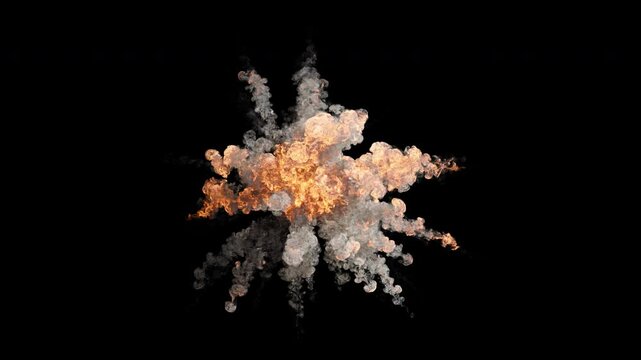 Military explosion with fire and smoke cloud, as if from a fighter jet or other weapon of war, two speeds, 4k 24p, with alpha channel and green screen for transparent background