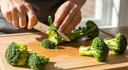 Preparing Fresh Broccoli on Wooden Cutting Board for Healthy Meal