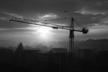 Monochrome shot of tower crane silhouette at sunrise