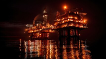 Naklejka premium Nighttime inspection of offshore oil rig by engineer