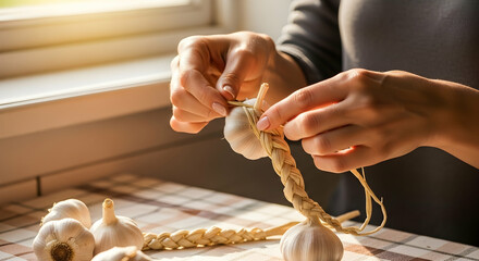 Woman's Hands Braiding Aromatic Garlic Bulbs in Natural Sunlight