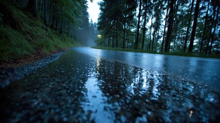 artistic professional photo of wet asphalt road stretching into foggy forest, perfect lighting, realistic and cinematic style