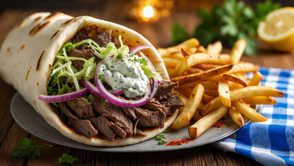 A fresh Greek gyro with tzatziki and fries