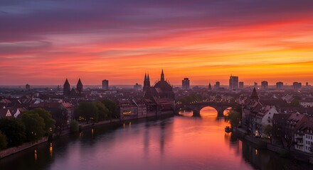 Fototapeta premium City Skyline at Sunset Reflected in River with Colorful Sky