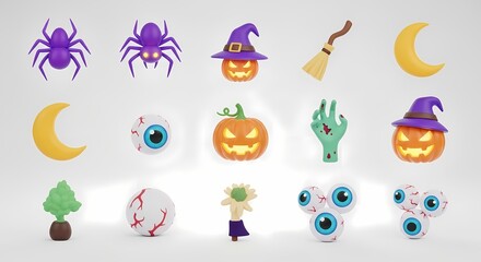 Fototapeta premium Halloween Icons Set: A curated assortment of whimsical Halloween icons, including spooky spiders, smiling jack-o'-lanterns, a witch's broom, and more, against a clean and simple backdrop.