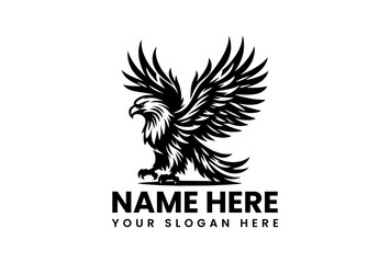 Bold stencil vector logo of powerful eagle with outstretched wings and detailed feather patterns