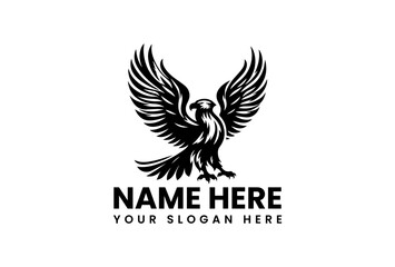 Bold stencil vector logo of powerful eagle with outstretched wings and detailed feather patterns
