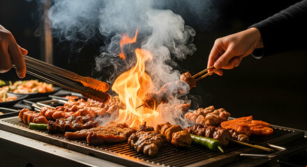 Hot Barbecue Flames Ignite Delicious Food At An Outdoor Party