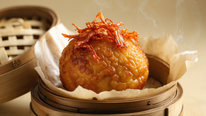 A crispy Japanese takoyaki with bonito flakes
