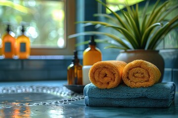 Refreshing spa setup with neatly arranged towels and skincare products in a tranquil bathroom environment