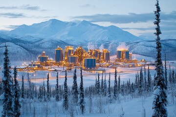 Snowy industrial complex nestled in mountain range at dawn.