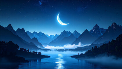 A surreal and dreamlike night landscape featuring glowing blue mist drifting between dark mountain peaks under a radiant crescent moon. sense of tranquility, fantasy, and mystery