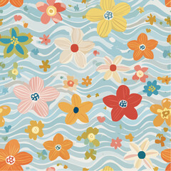 Vector shapes in simple floral wavy and groovy naive style, ocean and vacation theme, flowers and plants, floral botanic hand drawn design templates, modern art prints, surface design