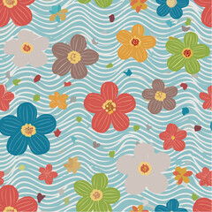 Vector shapes in simple floral wavy and groovy naive style, ocean and vacation theme, flowers and plants, floral botanic hand drawn design templates, modern art prints, surface design