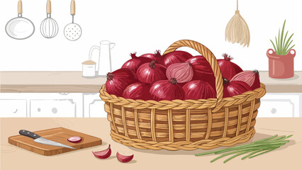 Onion in Wicker Basket Kitchen Scene Vector Design