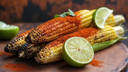 A Mexican elote (grilled corn) with chili and lime
