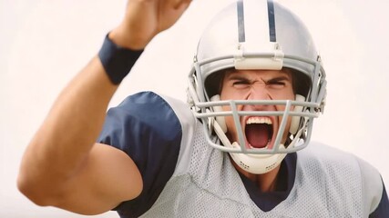 dynamic portrait of american football player on right side of frame displaying strong emotional reaction - Powered by Adobe