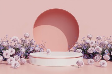 Podium background flower rose product pink 3d spring table beauty stand display nature white. Garden rose floral summer background podium cosmetic valentine easter field scene gift purple day