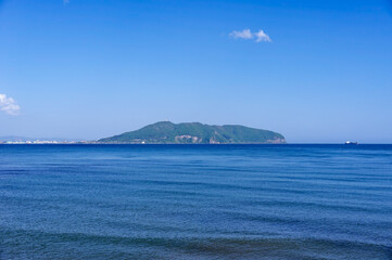 A panoramic view of Mount Hakodate floating in the sea seen from Hokuto city, Hokkaido, Japan