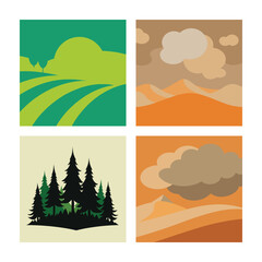 Obraz premium Set of four seasons vector landscapes with nature sky, green grass, and trees illustrating spring, summer, autumn, and winter scenes