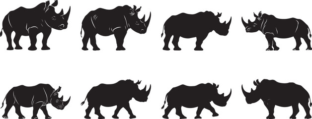 Rhino Sniffing Nose forward, body slightly crouched, alert posture. full length silhouette black vector illustration