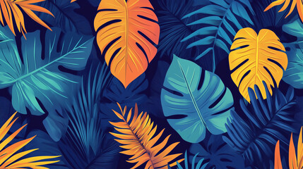 Summer-themed bright seamless pattern featuring tropical leaves in flat design, ideal for wallpapers and wrapping paper prints.