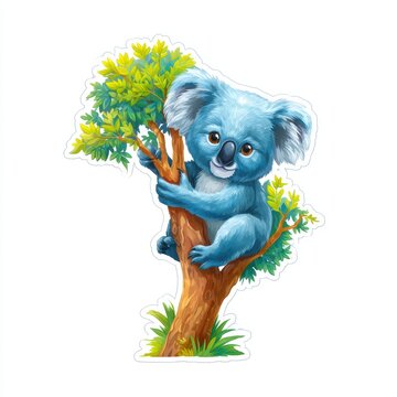 Naklejki colorful cute koala sticker hugging a tree, glossy surface, isolated on white background
