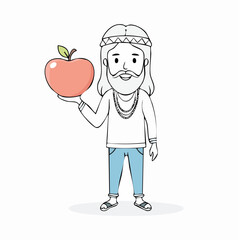 Vector in simple linear style - design templates and stickers - hippie, happy and groovy smiling character, funny fruit apple
