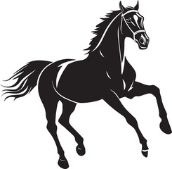 Horse Trotting Alternating diagonal leg movement body steady tail flowing. full length silhouette black vector illustration