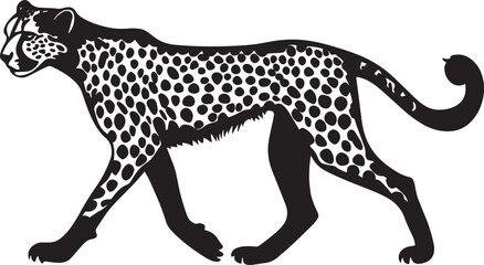 Cheetah in Motion Leg lifted, body moving forward, tail trailing, silhouette illustration.