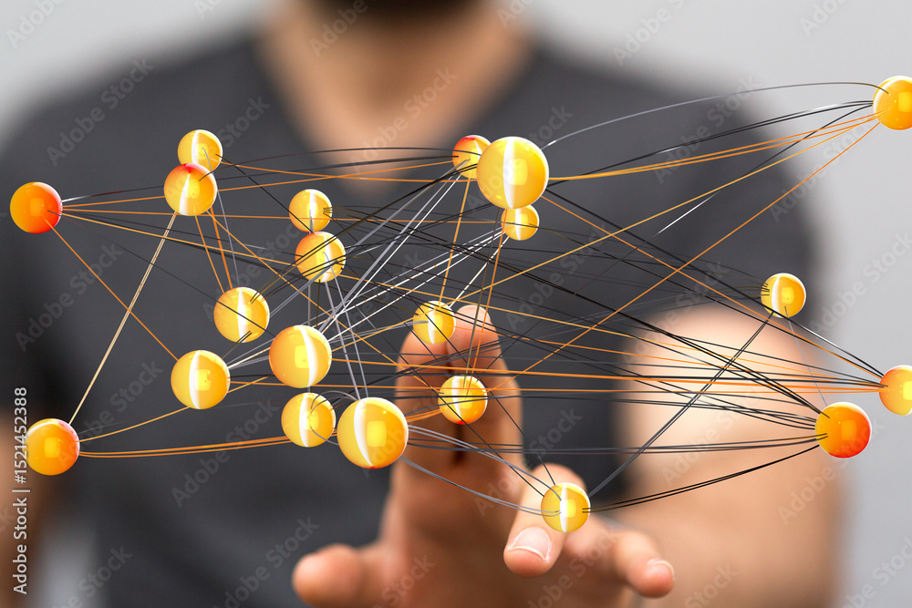 Aufkleber Hand interacting with a 3D network, visualizing global connections and data flow.