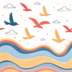 Vector modern art print elements in simple wavy and groovy naive style, seamless pattern with birds flying in the sky