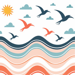 Vector modern art print elements in simple wavy and groovy naive style, seamless pattern with birds flying in the sky