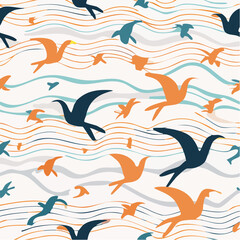 Vector modern art print elements in simple wavy and groovy naive style, seamless pattern with birds flying in the sky