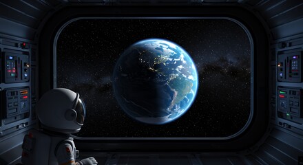 Astronaut observing earth from spaceship window in dark space