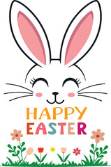 Happy Easter with line art bunny face and colorful flowers silhouette vector illustration design