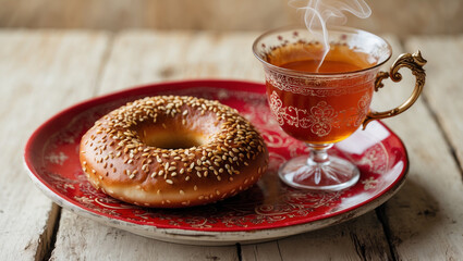 A Turkish simit (sesame bread ring) with tea