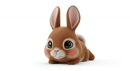Fototapeta premium Charming cartoon depiction of a cute brown bunny with large expressive eyes and soft fur against a simple white background