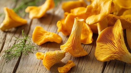 Fresh Eierschwammerl mushrooms on rustic wooden table