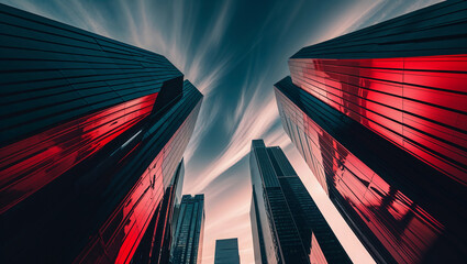 Modern skyscrapers reaching for the cloudy sky with red and black facades