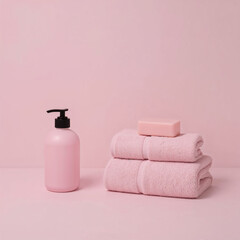 Minimalist Pink Bath Essentials - Folded Towels, Soap, and Dispenser on Pastel Background