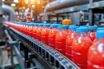 Industrial production line of red beverage bottles.