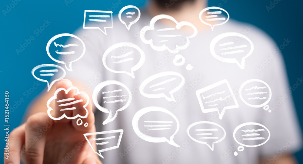 Aufkleber Abstract image of a person interacting with digital speech bubbles, representing communication and ideas.