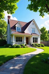 A charming suburban house, perfectly landscaped, sits under a bright sky; a lottery winner's dream home , facade, fence