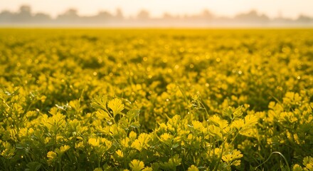 Obraz premium Cilantro Field at Sunrise with Dew Drops Glowing in Warm Light