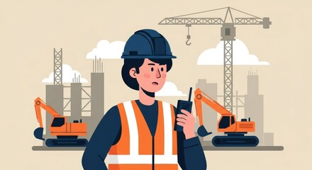 Fototapeta premium Construction Worker Woman Using Walkie-Talkie on Construction Site with Heavy Machinery and Cranes Illustration