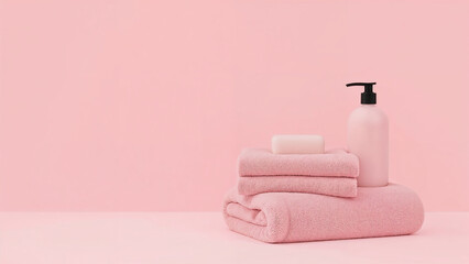Minimalist Pink Bath Essentials - Folded Towels, Soap, and Dispenser on Pastel Background